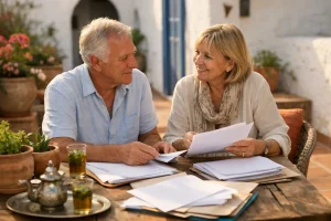 Couple de retraités sur la terrasse d'une maison au Maroc, dossiers d'assurance posés sur la table